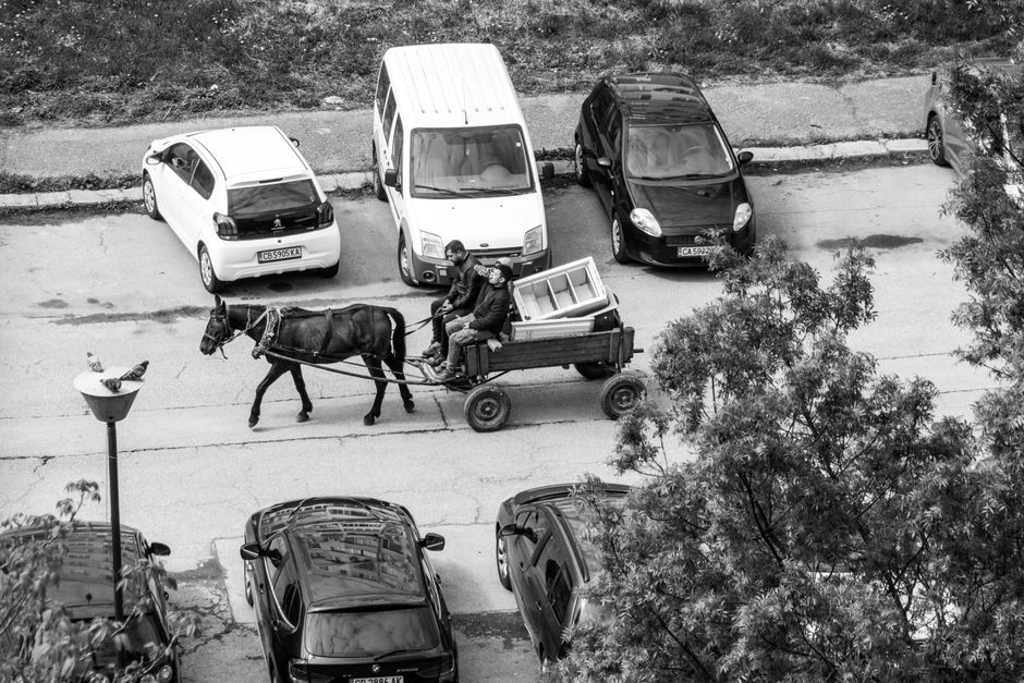 Black and white photo of a horse-drawn cart on a city street surrounded by parked cars.